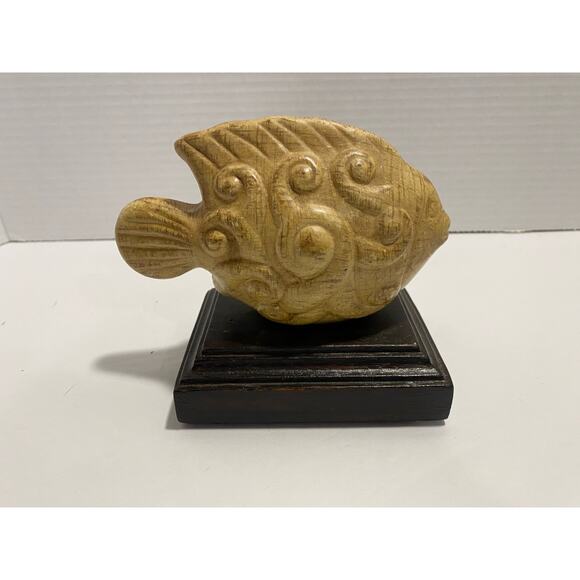 Fish Figurine on Wood Block Ceramic 8" Beach House Neutral Coastal Decor - Picture 4 of 8